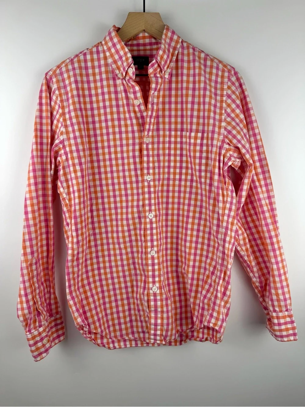 J Crew Gingham Plaid Men Pink Orange Button Up Shirt 100% Cotton Small Preppy